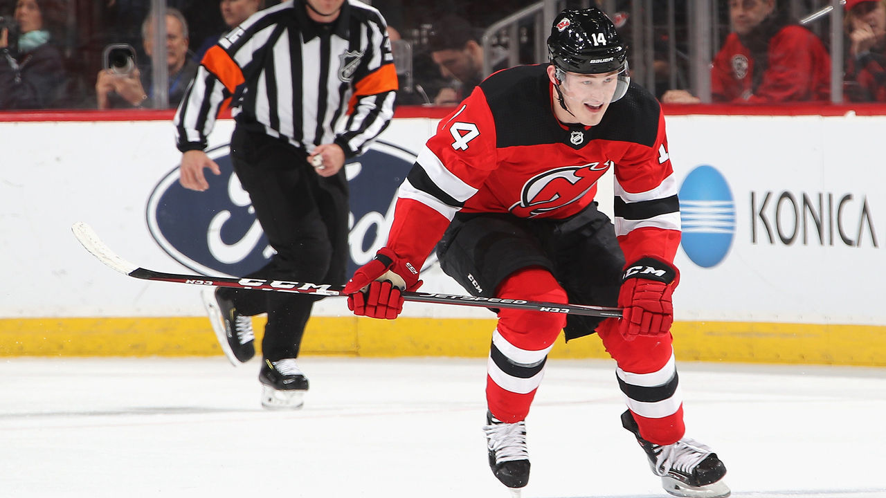 NEWARK, NEW JERSEY - FEBRUARY 13: Joey Anderson #14 of the New Jersey Devils skates against the Detroit Red Wings at the Prudential Center on February 13, 2020 in Newark, New Jersey. The Devils defeated the Red Wings 4-1.