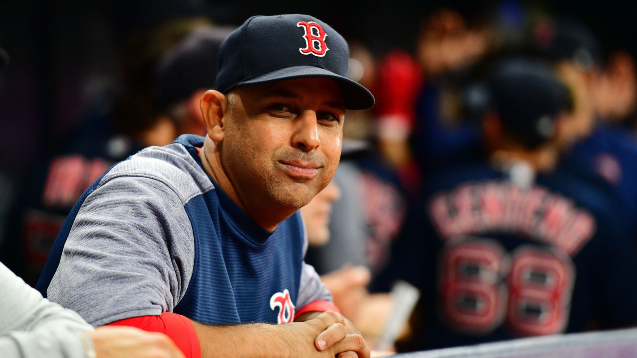 ST PETERSBURG, FLORIDA - SEPTEMBER 20: Alex Cora #20 of the Boston Red Sox reacts during a game against the Tampa Bay Rays at Tropicana Field on September 20, 2019 in St Petersburg, Florida.