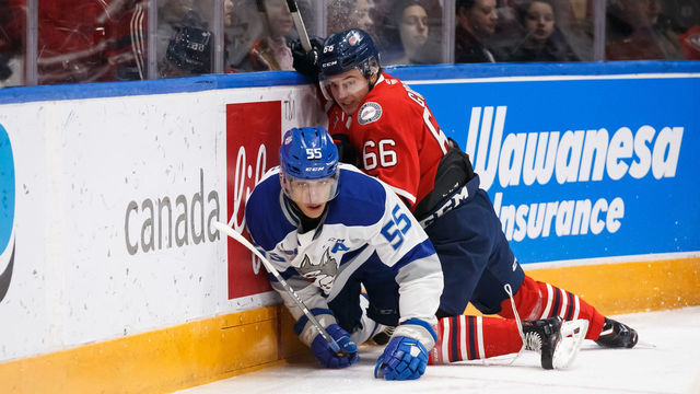 OSHAWA, ON - FEBRUARY 7: Nico Gross #66 of the Oshawa Generals checks Quinton Byfield #55 of the Sudbury Wolves during an OHL game at the Tribute Communities Centre on February 7, 2020 in Oshawa, Ontario, Canada.