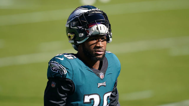 PHILADELPHIA, PA - OCTOBER 18: Philadelphia Eagles running back Miles Sanders (26) looks on during the game between the Baltimore Ravens and the Philadelphia Eagles on October 18, 2020 at Lincoln Financial Field in Philadelphia, PA.