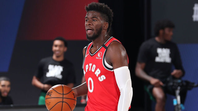 ORLANDO, FL - SEPTEMBER 7: Terence Davis #0 of the Toronto Raptors brings the ball up court during Game Five of the Eastern Conference SemiFinals of the NBA Playoffs on September 7, 2020 at The Field House in Orlando, Florida. NOTE TO USER: User expressly acknowledges and agrees that, by downloading and/or using this Photograph, user is consenting to the terms and conditions of the Getty Images License Agreement. Mandatory Copyright Notice: Copyright 2020 NBAE