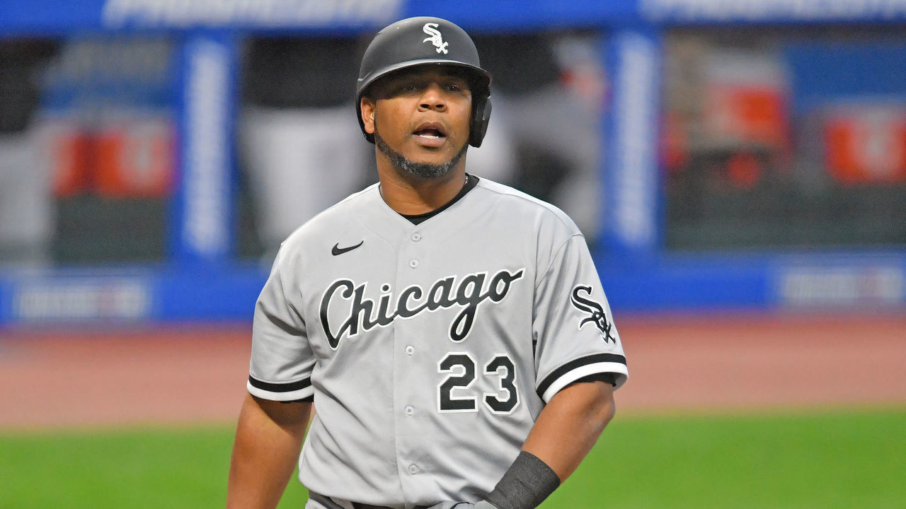 CLEVELAND, OHIO - SEPTEMBER 21: Edwin Encarnacion #23 of the Chicago White Sox reacts after striking out during the fourth inning at Progressive Field on September 21, 2020 in Cleveland, Ohio.