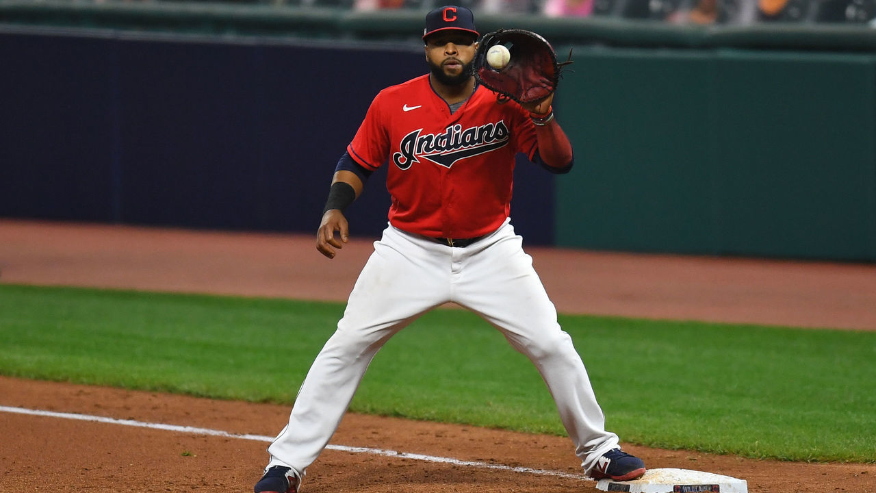 CLEVELAND, OH - SEPTEMBER 29: Carlos Santana #41 of the Cleveland Indians catches a ball in the eighth inning during Game 1 of the Wild Card Series between the New York Yankees and the Cleveland Indians at Progressive Field on Tuesday, September 29, 2020 in Cleveland, Ohio.