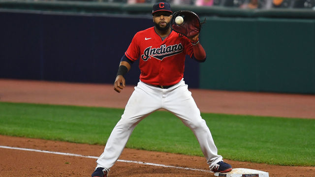 CLEVELAND, OH - SEPTEMBER 29: Carlos Santana #41 of the Cleveland Indians catches a ball in the eighth inning during Game 1 of the Wild Card Series between the New York Yankees and the Cleveland Indians at Progressive Field on Tuesday, September 29, 2020 in Cleveland, Ohio.