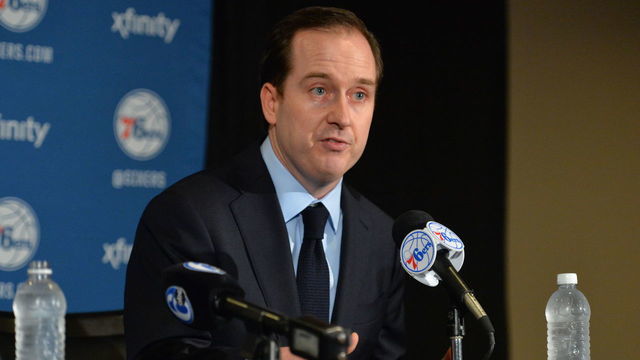 PHILADELPHIA,PA - DECEMBER 11: Sam Hinkie of the Philadelphia 76ers addresses the media in regards to Brett Browns contract extension prior to the game as .At Wells Fargo Center on December 11, 2015 in Philadelphia, Pennsylvania NOTE TO USER: User expressly acknowledges and agrees that, by downloading and/or using this Photograph, user is consenting to the terms and conditions of the Getty Images License Agreement. Mandatory Copyright Notice: Copyright 2015 NBAE