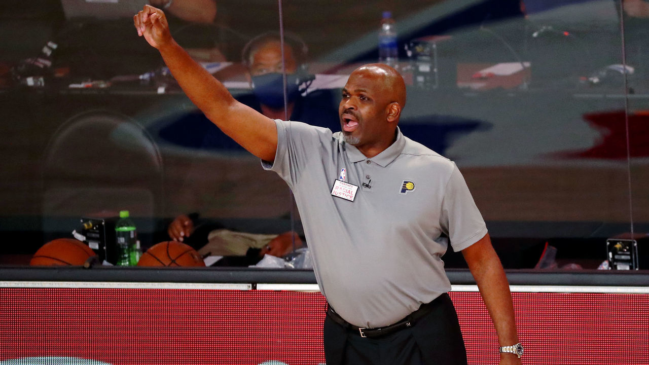LAKE BUENA VISTA, FLORIDA - AUGUST 22: Head coach Nate McMillan of the Indiana Pacers on the sideline during the second half of Game 3 of an NBA basketball first-round playoff series against the Miami Heat at AdventHealth Arena on August 22, 2020 in Lake Buena Vista, Florida.