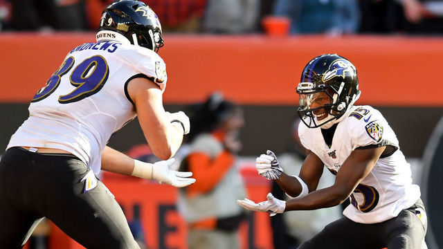 CLEVELAND, OH - DECEMBER 22, 2019: Tight end Mark Andrews #89 and wide receiver Marquise Brown #15 of the Baltimore Ravens celebrates after a 39-yard touchdown by Andrews in the second quarter of a game against the Cleveland Browns on December 22, 2019 at FirstEnergy Stadium in Cleveland, Ohio. Baltimore won 31-15. (Photo by: 2019 Nick Cammett/Diamond Images via Getty Images)