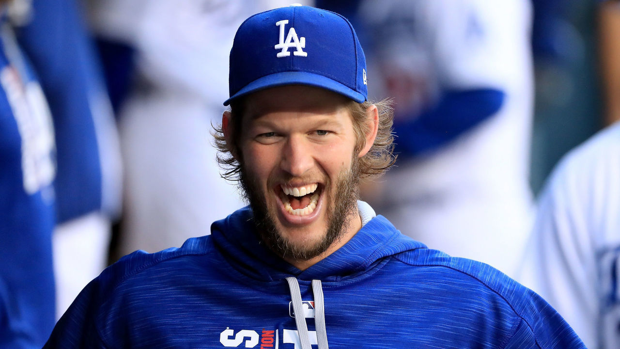 LOS ANGELES, CA - MAY 08: Clayton Kershaw #22 of the Los Angeles Dodgers laughs in the dugout before the game against the Pittsburgh Pirates at Dodger Stadium on May 8, 2017 in Los Angeles, California.