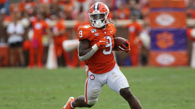 CLEMSON, SC - OCTOBER 12: Travis Etienne (9) running back of Clemson during a college football game between Florida State Seminoles and the Clemson Tigers on October 12, 2019, at Clemson Memorial Stadium in Clemson, SC.