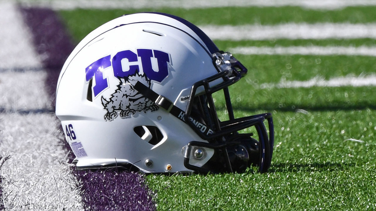 MANHATTAN, KS - OCTOBER 19: A general view of a TCU Horned Frogs helmet on the field before a game against the Kansas State Wildcats at Bill Snyder Family Football Stadium on October 19, 2019 in Manhattan, Kansas.