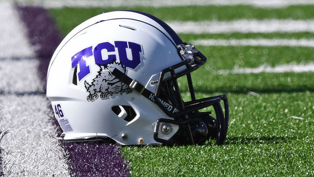 MANHATTAN, KS - OCTOBER 19: A general view of a TCU Horned Frogs helmet on the field before a game against the Kansas State Wildcats at Bill Snyder Family Football Stadium on October 19, 2019 in Manhattan, Kansas.
