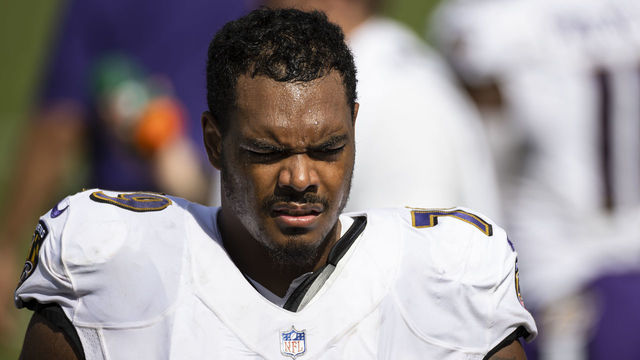 BALTIMORE, MD - SEPTEMBER 13: Ronnie Stanley #79 of the Baltimore Ravens looks on against the Cleveland Browns during the second half at M&T Bank Stadium on September 13, 2020 in Baltimore, Maryland.