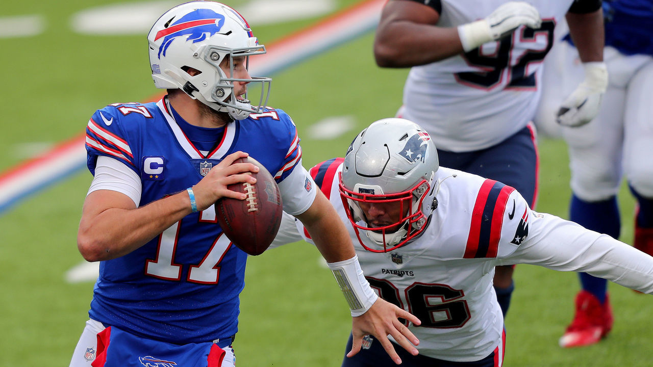 ORCHARD PARK, NEW YORK - NOVEMBER 01: Josh Allen #17 of the Buffalo Bills looks to pass during a game against the New England Patriots at Bills Stadium on November 01, 2020 in Orchard Park, New York.