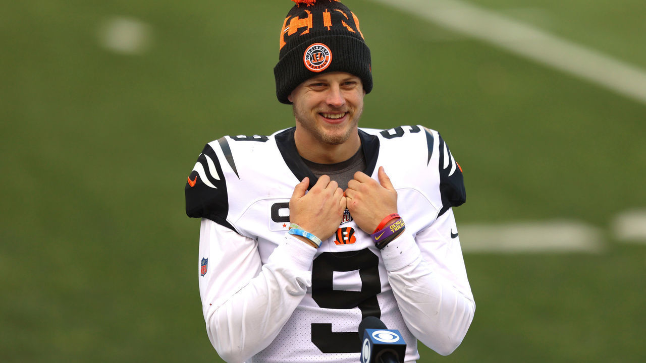 CINCINNATI, OHIO - NOVEMBER 01: Quarterback Joe Burrow #9 of the Cincinnati Bengals smiles during a postgame interview after the Cincinnati Bengals defeated the the Tennessee Titans 31-20 at Paul Brown Stadium on November 01, 2020 in Cincinnati, Ohio.