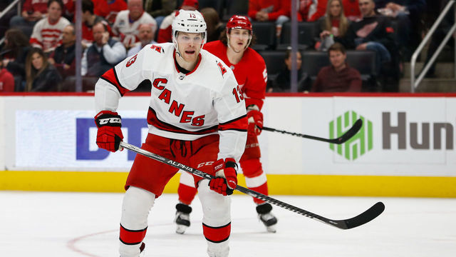 DETROIT, MI - MARCH 10: Carolina Hurricanes forward Warren Foegele (13) skates during a regular season NHL hockey game between the Carolina Hurricanes and the Detroit Red Wings on March 10, 2020, at Little Caesars Arena in Detroit, Michigan.
