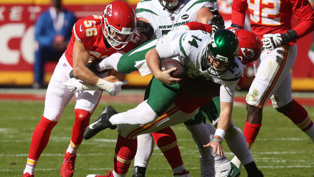 KANSAS CITY, MISSOURI - NOVEMBER 01: Sam Darnold #14 of the New York Jets is sacked by Tershawn Wharton #98 of the Kansas City Chiefs during their NFL game at Arrowhead Stadium on November 01, 2020 in Kansas City, Missouri.