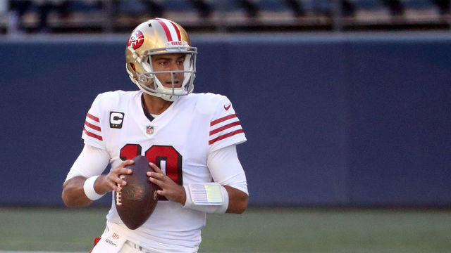 SEATTLE, WASHINGTON - NOVEMBER 01: Quarterback Jimmy Garoppolo #10 of the San Francisco 49ers looks to throw the ball against the Seattle Seahawks in the first quarter of the game at CenturyLink Field on November 01, 2020 in Seattle, Washington.