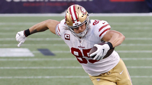 FOXBOROUGH, MA - OCTOBER 25: San Francisco 49ers tight end George Kittle (85) gets past New England Patriots defensive back J.C. Jackson (27) during a game between the New England Patriots and the San Francisco 49ers on October 25, 2020, at Gillette Stadium in Foxborough, Massachusetts.