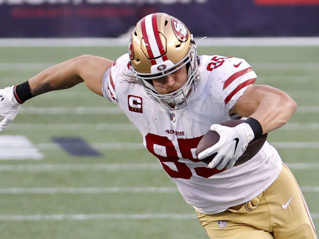 FOXBOROUGH, MA - OCTOBER 25: San Francisco 49ers tight end George Kittle (85) gets past New England Patriots defensive back J.C. Jackson (27) during a game between the New England Patriots and the San Francisco 49ers on October 25, 2020, at Gillette Stadium in Foxborough, Massachusetts.