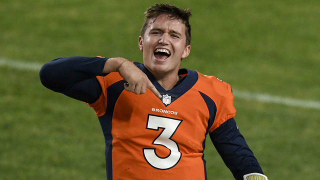 DENVER, CO - NOVEMBER 1: Drew Lock (3) of the Denver Broncos celebrates throwing a game-winning touchdown pass to K.J. Hamler (13) over Tevaughn Campbell (37) of the Los Angeles Chargers during the second half of Denver's 31-30 win on Sunday, November 1, 2020.
