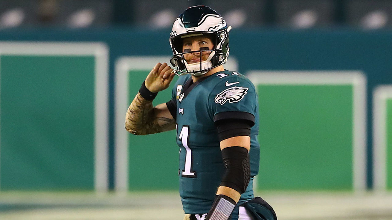 PHILADELPHIA, PENNSYLVANIA - NOVEMBER 01: Quarterback Carson Wentz #11 of the Philadelphia Eagles looks on after an incomplete pass on fourth down and one in the final minute of the second quarter of the game against the Dallas Cowboys at Lincoln Financial Field on November 01, 2020 in Philadelphia, Pennsylvania.