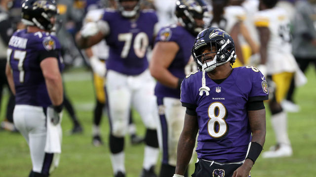 BALTIMORE, MARYLAND - NOVEMBER 01: Quarterback Lamar Jackson #8 of the Baltimore Ravens reacts after the Ravens lost 28-24 to the Pittsburgh Steelers at M&T Bank Stadium on November 01, 2020 in Baltimore, Maryland.
