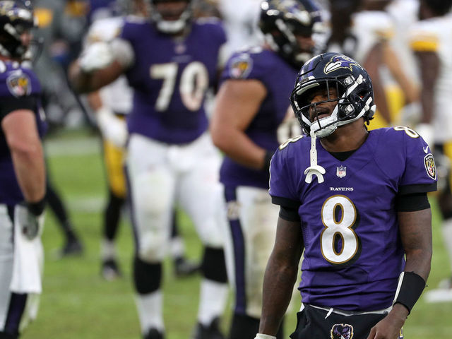 BALTIMORE, MARYLAND - NOVEMBER 01: Quarterback Lamar Jackson #8 of the Baltimore Ravens reacts after the Ravens lost 28-24 to the Pittsburgh Steelers at M&T Bank Stadium on November 01, 2020 in Baltimore, Maryland.