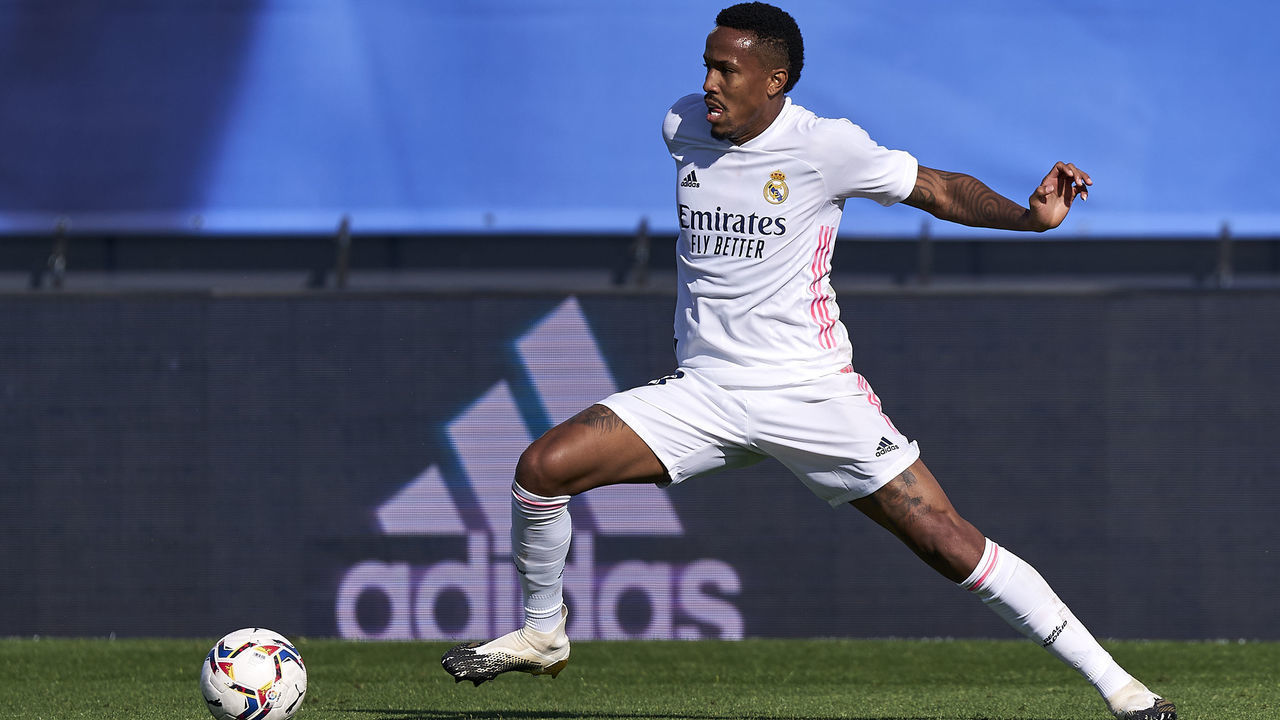 MADRID, SPAIN - OCTOBER 31: Eder Militao of Real Madrid in action during the La Liga Santander match between Real Madrid and SD Huesca at Estadio Alfredo Di Stefano on October 31, 2020 in Madrid, Spain.