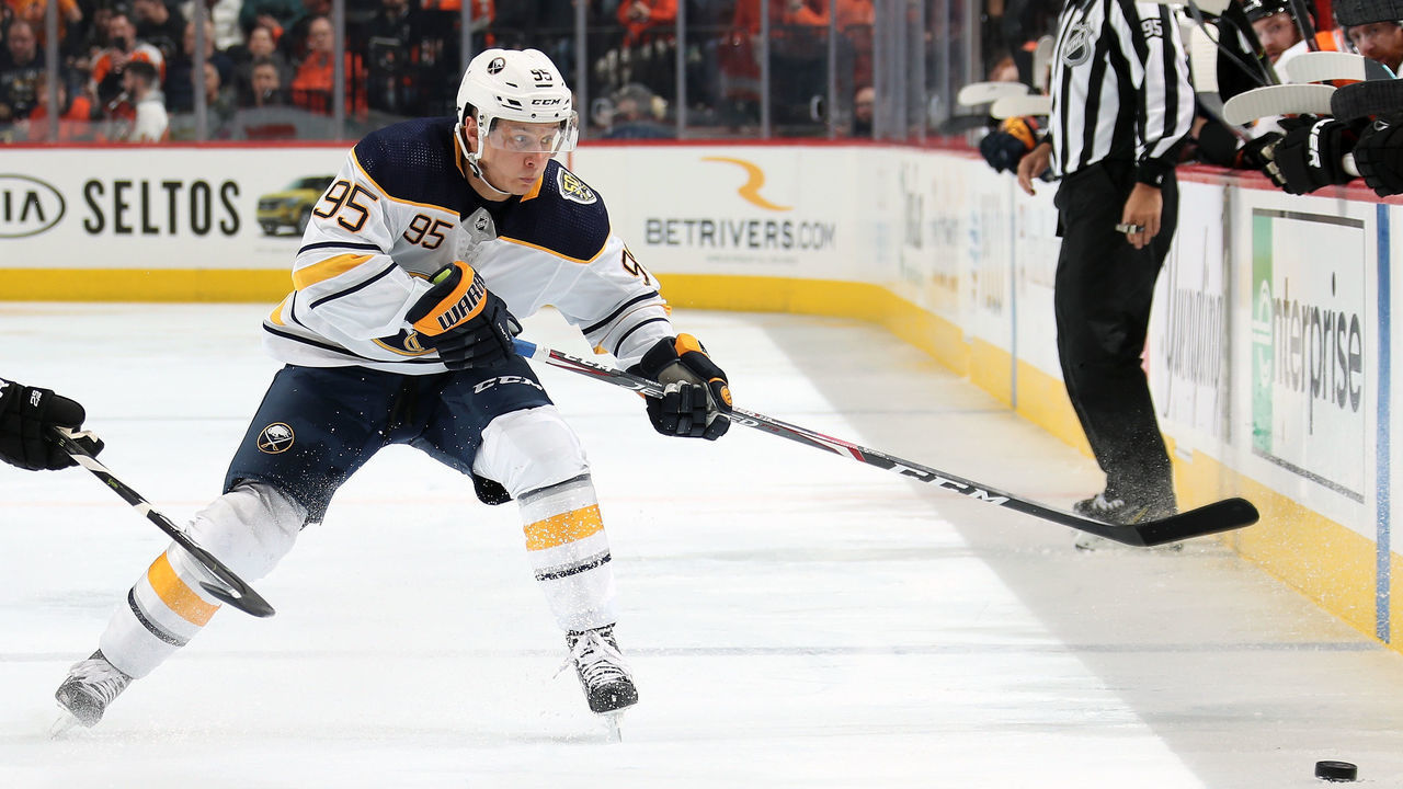 PHILADELPHIA, PA - MARCH 07: Dominik Kahun #95 of the Buffalo Sabres skates after the loose puck against the Philadelphia Flyers on March 7, 2020 at the Wells Fargo Center in Philadelphia, Pennsylvania.