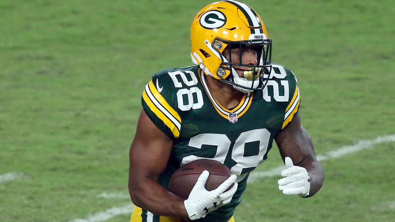 TAMPA, FL - OCTOBER 18: AJ Dillon (28) of the Packers carries the ball during the regular season game between the Green Bay Packers and the Tampa Bay Buccaneers on October 18, 2020 at Raymond James Stadium in Tampa, Florida.