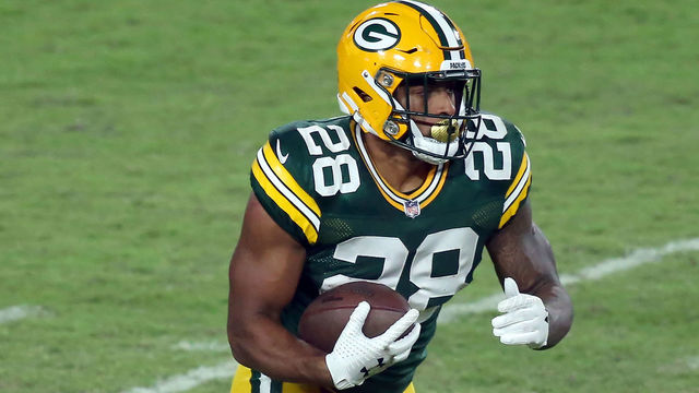TAMPA, FL - OCTOBER 18: AJ Dillon (28) of the Packers carries the ball during the regular season game between the Green Bay Packers and the Tampa Bay Buccaneers on October 18, 2020 at Raymond James Stadium in Tampa, Florida.