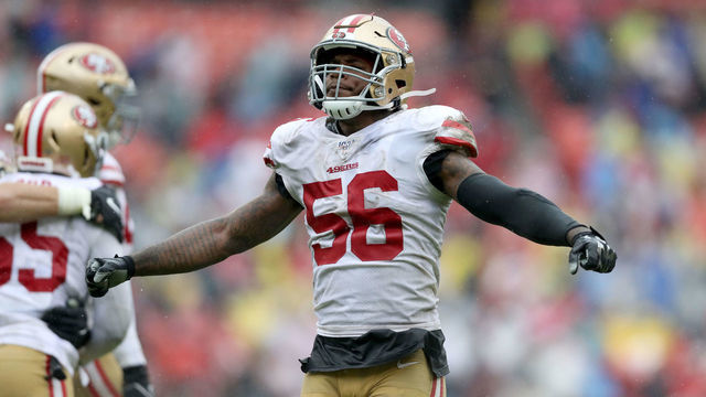 LANDOVER, MARYLAND - OCTOBER 20: Kwon Alexander #56 of the San Francisco 49ers celebrates a tackle against the Washington Redskins at FedExField on October 20, 2019 in Landover, Maryland.