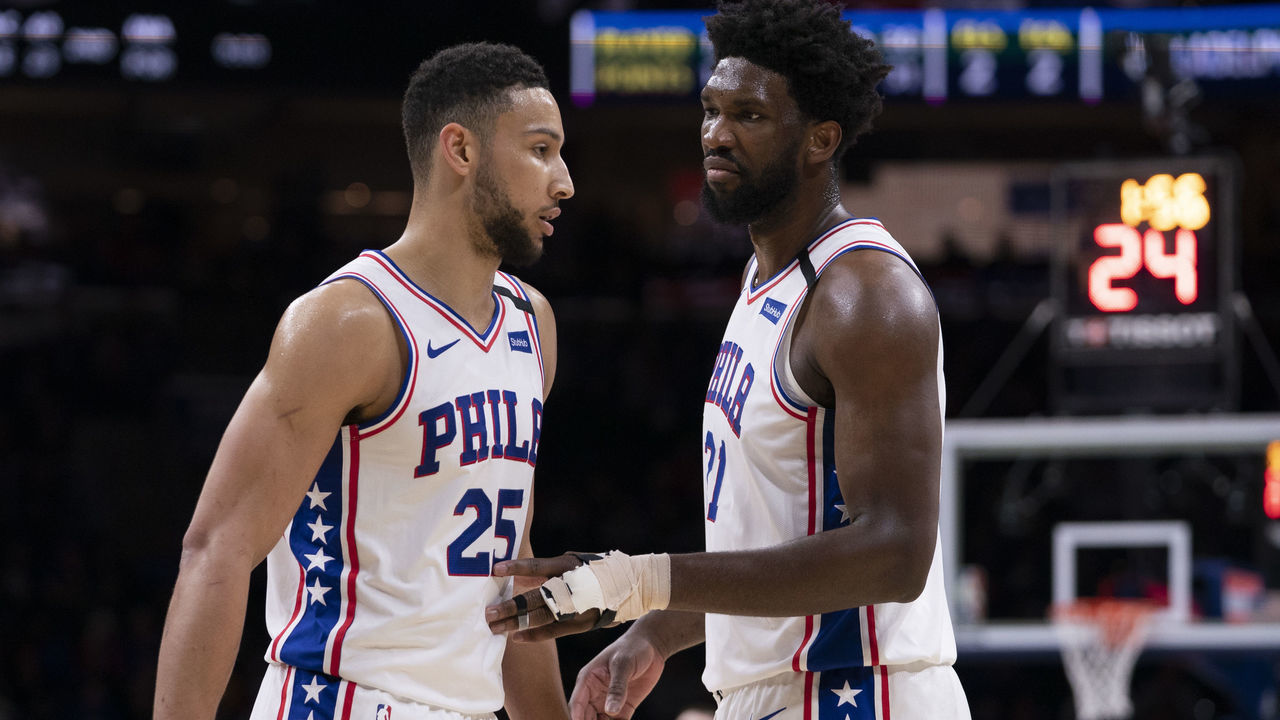 PHILADELPHIA, PA - FEBRUARY 09: Ben Simmons #25 of the Philadelphia 76ers talks to Joel Embiid #21 against the Chicago Bulls at the Wells Fargo Center on February 9, 2020 in Philadelphia, Pennsylvania. The 76ers defeated the Bulls 118-111. NOTE TO USER: User expressly acknowledges and agrees that, by downloading and/or using this photograph, user is consenting to the terms and conditions of the Getty Images License Agreement.