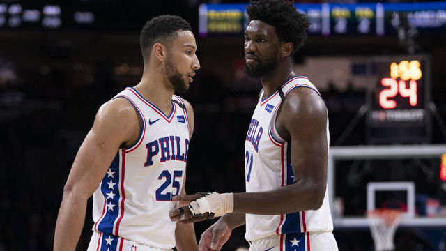 PHILADELPHIA, PA - FEBRUARY 09: Ben Simmons #25 of the Philadelphia 76ers talks to Joel Embiid #21 against the Chicago Bulls at the Wells Fargo Center on February 9, 2020 in Philadelphia, Pennsylvania. The 76ers defeated the Bulls 118-111. NOTE TO USER: User expressly acknowledges and agrees that, by downloading and/or using this photograph, user is consenting to the terms and conditions of the Getty Images License Agreement.