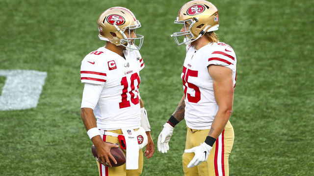 FOXBOROUGH, MASSACHUSETTS - OCTOBER 25: Jimmy Garoppolo #10 talks to George Kittle #85 of the San Francisco 49ers during a game against the New England Patriots on October 25, 2020 in Foxborough, Massachusetts.