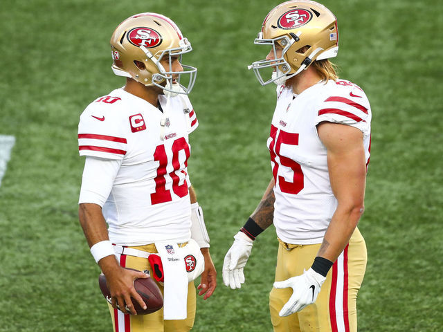 FOXBOROUGH, MASSACHUSETTS - OCTOBER 25: Jimmy Garoppolo #10 talks to George Kittle #85 of the San Francisco 49ers during a game against the New England Patriots on October 25, 2020 in Foxborough, Massachusetts.