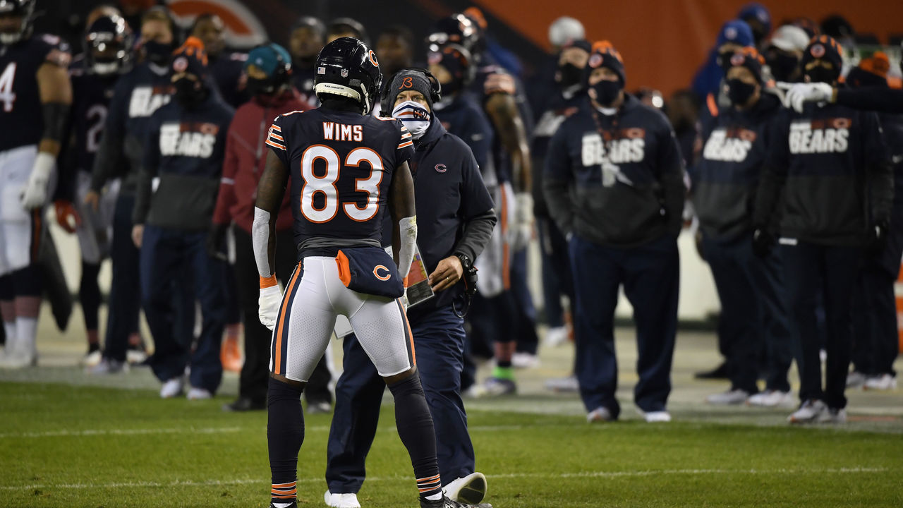 CHICAGO, ILLINOIS - NOVEMBER 01: Head coach Matt Nagy talks with Javon Wims #83 of the Chicago Bears after he was disqualified from the game against the New Orleans Saints in the second half at Soldier Field on November 01, 2020 in Chicago, Illinois.