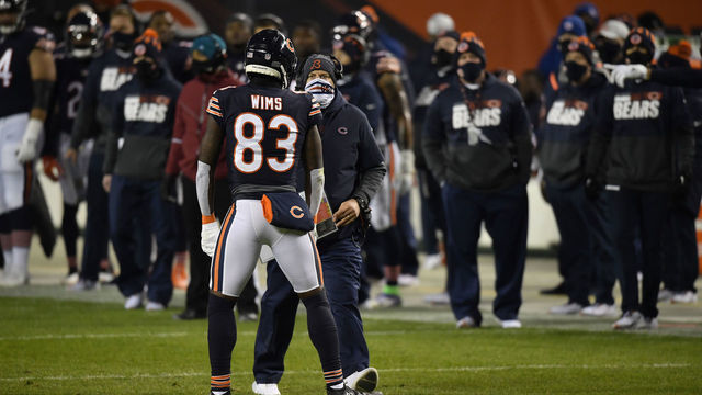 CHICAGO, ILLINOIS - NOVEMBER 01: Head coach Matt Nagy talks with Javon Wims #83 of the Chicago Bears after he was disqualified from the game against the New Orleans Saints in the second half at Soldier Field on November 01, 2020 in Chicago, Illinois.