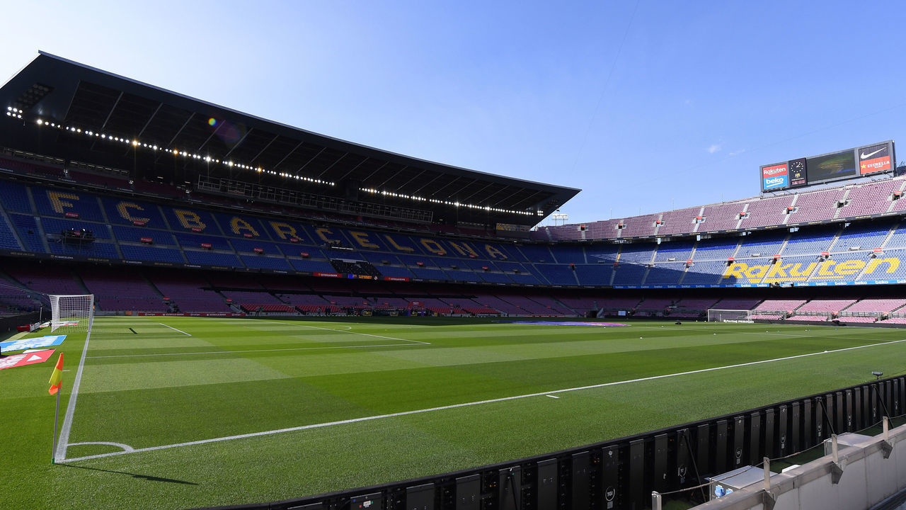 BARCELONA, SPAIN - OCTOBER 24: General view inside the stadium ahead of the La Liga Santander match between FC Barcelona and Real Madrid at Camp Nou on October 24, 2020 in Barcelona, Spain. Sporting stadiums around Spain remain under strict restrictions due to the Coronavirus Pandemic as Government social distancing laws prohibit fans inside venues resulting in games being played behind closed doors.