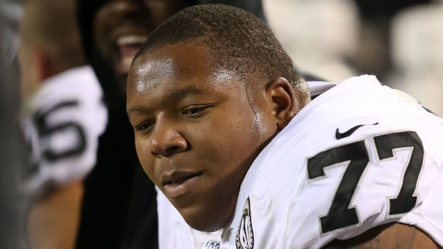 KANSAS CITY, MO - DECEMBER 01: Oakland Raiders offensive tackle Trent Brown (77) on the bench during an AFC West game between the Oakland Raiders and Kansas City Chiefs on December 1, 2019 at Arrowhead Stadium in Kansas City, MO.