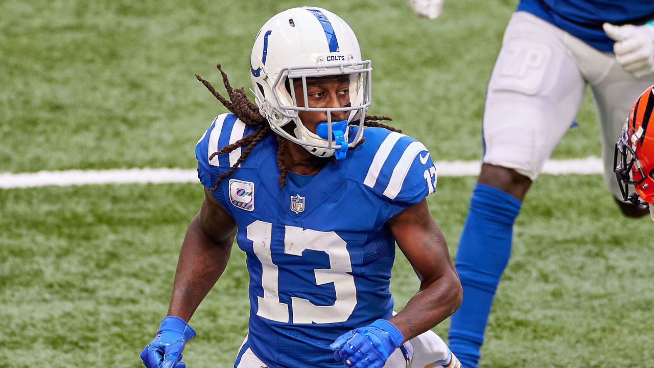 INDIANAPOLIS, IN - OCTOBER 18: Indianapolis Colts Wide Receiver T.Y. Hilton (13) looks on in game action during a NFL game between the Indianapolis Colts and the Cincinnati Bengals on October 18, 2020, at Lucas Oil Stadium in Indianapolis, IN.