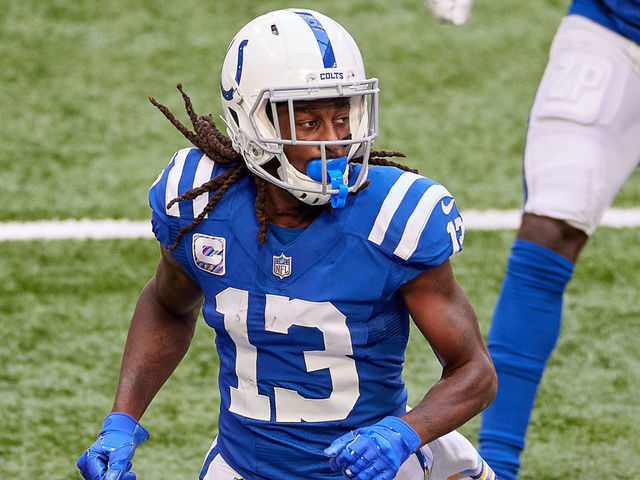 INDIANAPOLIS, IN - OCTOBER 18: Indianapolis Colts Wide Receiver T.Y. Hilton (13) looks on in game action during a NFL game between the Indianapolis Colts and the Cincinnati Bengals on October 18, 2020, at Lucas Oil Stadium in Indianapolis, IN.