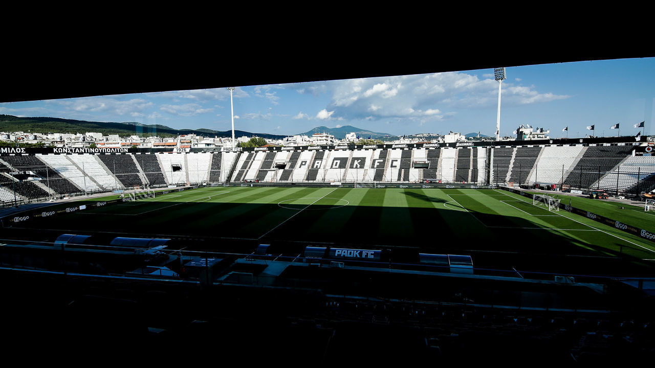THESSALONIKI, GREECE - AUGUST 5: General view stadium of PAOK FC during the Training Ajax in Thessaloniki at the Toumbastadion on August 5, 2019 in Thessaloniki Greece