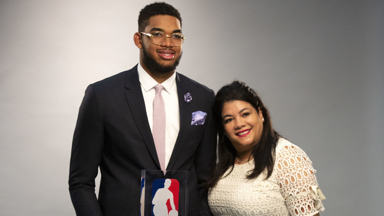 Minneapolis, MN May 16: After a weeks-long battle with COVID-19, Jacqueline Cruz, the mother of Timberwolves center Karl-Anthony Towns, died Monday as a result of the virus, the Wolves said. She was 59. Here, Cruz posed with her son as he had his official pictures taken by team photographer David Sherman after being named NBA Rookie of the Year in 2016.