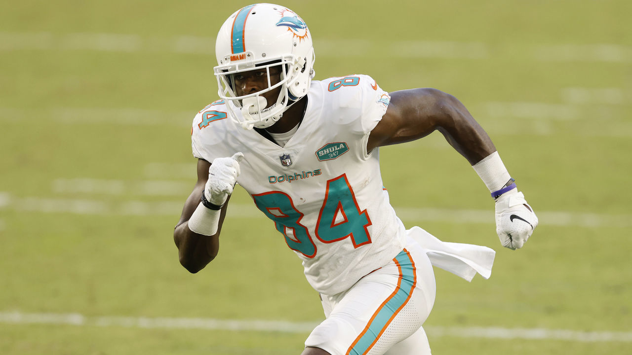 MIAMI GARDENS, FLORIDA - OCTOBER 18: Isaiah Ford #84 of the Miami Dolphins in action against the New York Jets at Hard Rock Stadium on October 18, 2020 in Miami Gardens, Florida.