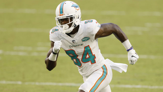 MIAMI GARDENS, FLORIDA - OCTOBER 18: Isaiah Ford #84 of the Miami Dolphins in action against the New York Jets at Hard Rock Stadium on October 18, 2020 in Miami Gardens, Florida.