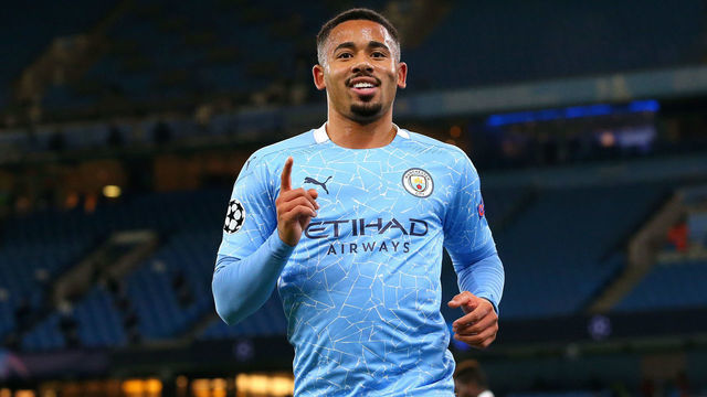MANCHESTER, ENGLAND - NOVEMBER 03: Gabriel Jesus of Manchester City celebrates after scoring their second goal during the UEFA Champions League Group C stage match between Manchester City and Olympiacos FC at Etihad Stadium on November 03, 2020 in Manchester, England.