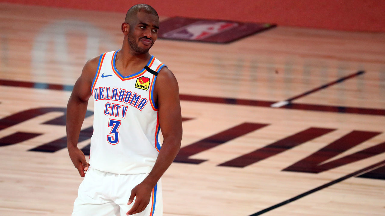 LAKE BUENA VISTA, FLORIDA - AUGUST 24: Chris Paul #3 of the Oklahoma City Thunder reacts during the second half of game four against the Houston Rockets of the first round of the 2020 NBA Playoffs at AdventHealth Arena at ESPN Wide World Of Sports Complex on August 24, 2020 in Lake Buena Vista, Florida.