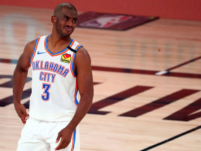 LAKE BUENA VISTA, FLORIDA - AUGUST 24: Chris Paul #3 of the Oklahoma City Thunder reacts during the second half of game four against the Houston Rockets of the first round of the 2020 NBA Playoffs at AdventHealth Arena at ESPN Wide World Of Sports Complex on August 24, 2020 in Lake Buena Vista, Florida.