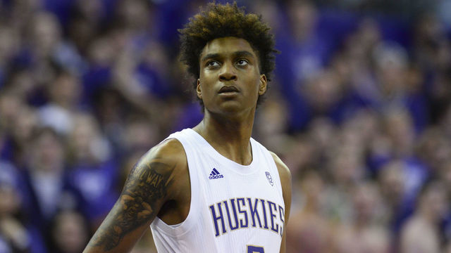 SEATTLE, WA - FEBRUARY 28: Washington Huskies forward Jaden McDaniels (0) looks up towards the scoreboard during a PAC12 college basketball game between the Washington State Cougars and the Washington Huskies on February 28, 2020, at Hec Edmundson Pavilion in Seattle, WA.